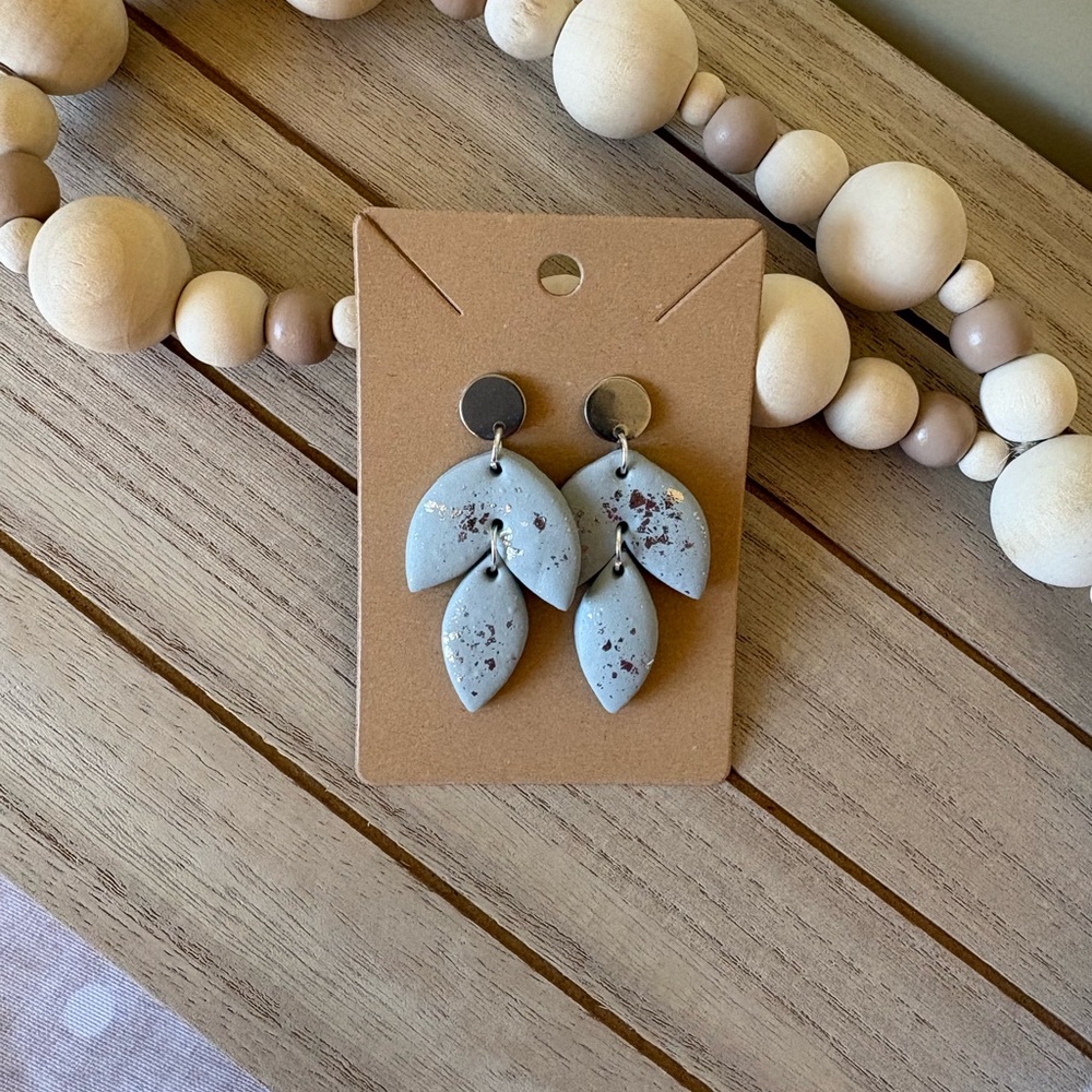 Handmade Grey-Blue Leaf Drop Earrings with Silver Accents Boho Statement Jewelry